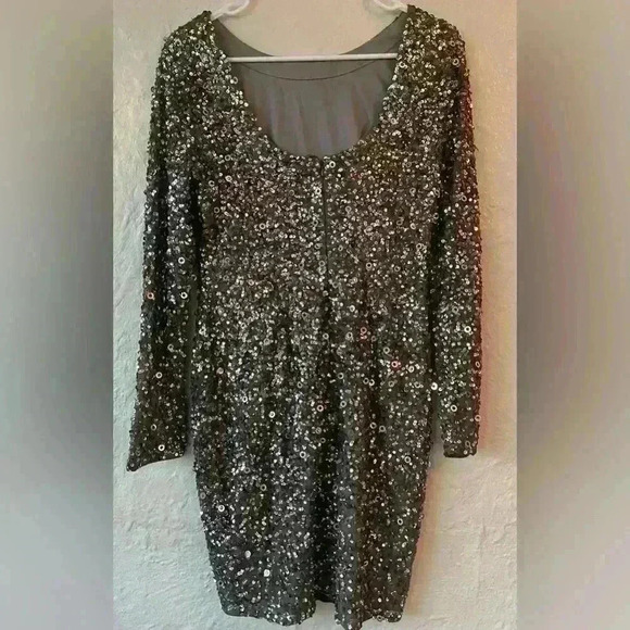 Adrianna Papell Scoop Back Sequin Long Sleeve Dress in Lead #N377; size 8 - Picture 4 of 10